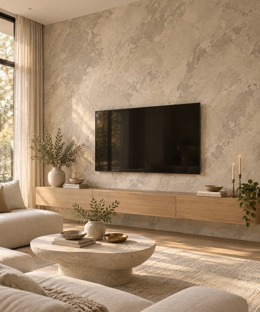 Living room accent wall with textured Venetian plaster behind flat screen TV