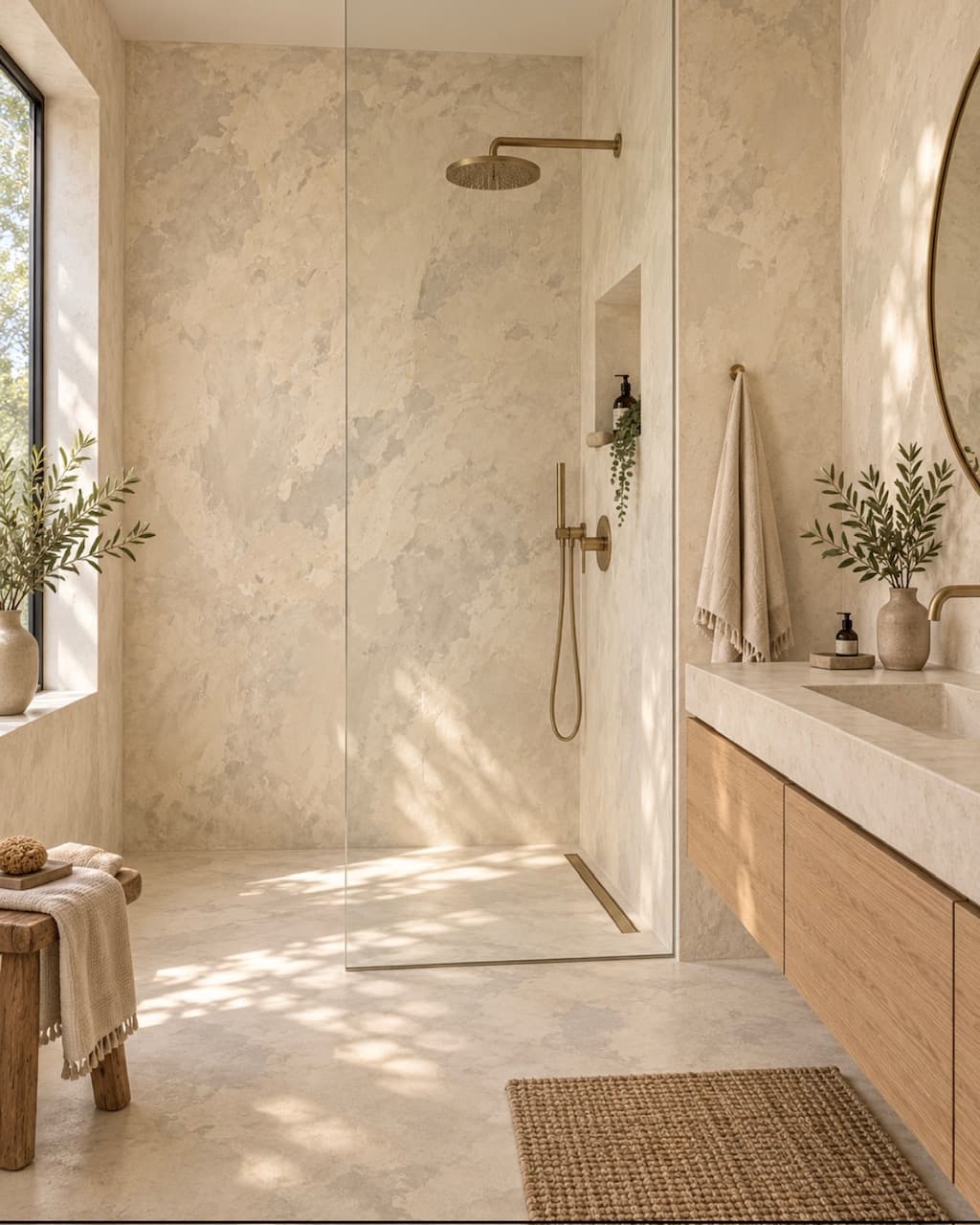 Modern bathroom shower design with seamless microcement walls and floor